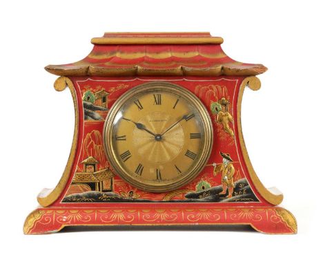 A LATE 19TH CENTURY CHINESE STYLE SCARLET LACQUER CHINOISERIE DECORATED MANTEL CLOCK the pagoda shaped case enclosing a gilt 