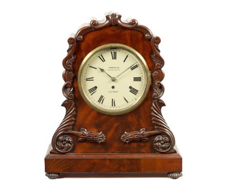 FRODSHAM, GRACECHURCH STREET, LONDON. A WILLIAM IV MAHOGANY TRIPLE FUSEE QUARTER CHIMING BRACKET CLOCK The carved scrollwork 