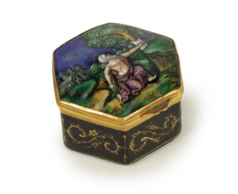 AN 18TH CENTURY FRENCH LIMOGES ENAMEL HEXAGONAL PATCH BOX with hinged gilt metal mount and cushion shaped cover depicting a m