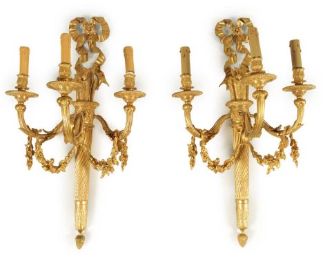 A FINE LARGE PAIR OF 19TH CENTURY FRENCH EMPIRE STYLE ORMOLU THREE BRANCH WALL LIGHTS the arrow and quiver stems with ribbon 
