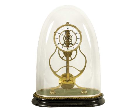 A 19TH CENTURY FRENCH SKELETON CLOCK the brass pierced frame supporting a 4.5" enamel dial with Roman numerals fronting a lon