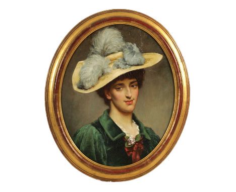 A LATE 19TH CENTURY OIL ON CANVAS LAID ON OAK PANEL. Portrait of a young art nouveau lady - in oval moulded gilt frame49cm hi