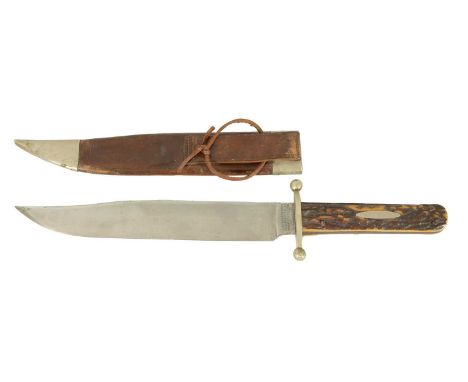 AN ENGLISH STAG HORN HANDLED BOWIE KNIFE BY JOSEPH RODGERS &amp; SONS, with a nickel guard and vacant oval plaque, the 9" ste