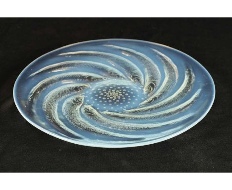 A FRENCH RENE LALIQUE ‘POISSONS’ OPALESCENT GLASS COUPE PLATE of dished form with swirling sardines around a bubbled centre, 