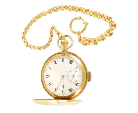 AN EARLY 20TH CENTURY GOLD FILLED FULL HUNTER QUARTER REPEATING POCKET WATCH WITH MATCHING GUARD CHAIN the engine turned case
