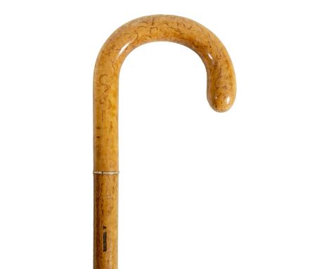 A LATE 19TH CENTURY FRENCH BIRDS EYE MAPLE WALKING STICK/PARASOL with telescopic shaft and curved handle - stamped maker's na