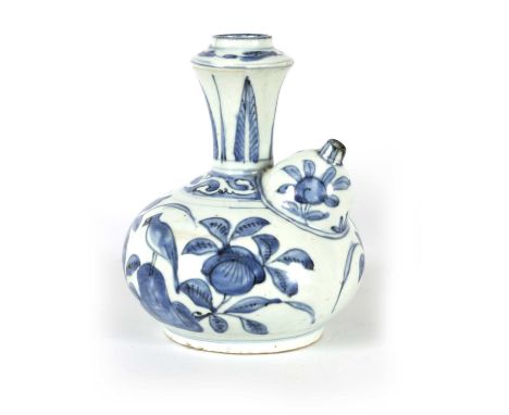 A EARLY MING DYNASTY BLUE AND WHITE KENDI with bird and leafing flower spray decoration.18cm high There is a fine hairline cr