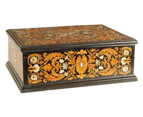 A FINE 18TH/19TH CENTURY ITALIAN FLORAL MARQUETRY EBONY, IVORY AND MOTHER OF PEARL INLAID TABLE BOX with all-over panelled de