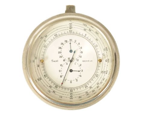 A RARE SOLVIL DASHBOARD MOUNTING CHRONOMETRIC STOPWATCH, SWISS, 1920‘S the nickel plated case enclosing a white dial with spl