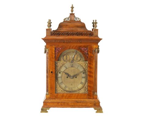 JOHN MONKHOUSE, LONDON. A VERY RARE GEORGE III FOUR TRAIN MUSICAL BRACKET CLOCK the walnut case with bell top pediment above 