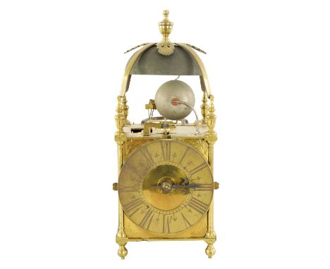 AN 18TH CENTURY BRASS QUARTER STRIKING SINGLE HANDED VERGE LANTERN CLOCK the engraved Roman chapter ring with half-hour marke