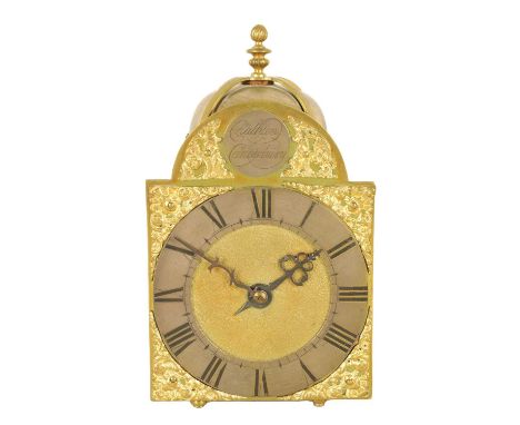 AN 18TH CENTURY BRASS LANTERN CLOCK WITH LATER MOVEMENT the 12cm arched dial signed Chalklen, Canterbury fronting a spring dr