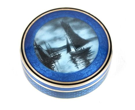 A LATE 19TH CENTURY FRENCH ENGINE TUNED SILVER AND BLUE GUILLOCHE ENAMEL CIRCULAR LADIES BOX finely decorated with a lake and