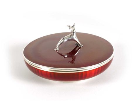 A DAVID ANDERSEN, NORWAY SILVER AND RUBY GUILLOCHE ENAMEL POWDER BOWL AND COVER with radiating cover and sides fitted with a 