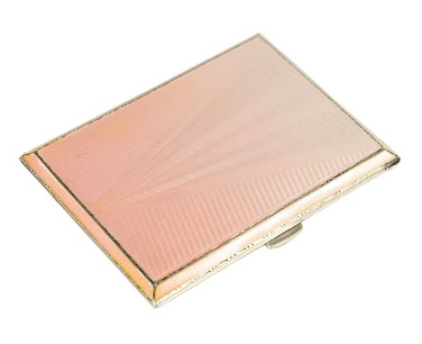 AN ART DECO SILVER AND GUILLOCHE ENAMEL LADIES CIGARETTE CASE decorated with a graduated pink to white 'V' design within a ch