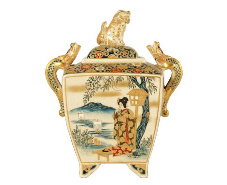 A JAPANESE MEIJI PERIOD SATSUMA LIDDED KORO of sqaure tapering form, fitted with dragon shaped handles and foo dog finial, fi