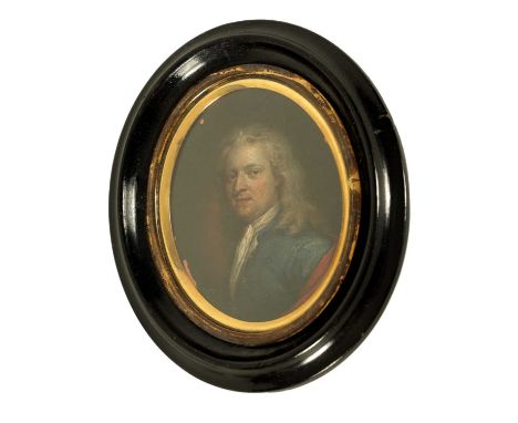 AN 18TH CENTURY MINIATURE BUST PORTRAIT ON COPPER OF A GENTLEMAN in glazed gilt and ebonised frame13cm high 11cm wide overall