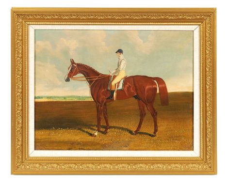 AFTER HERRING A 19TH CENTURY OIL ON CANVAS equestrian portrait of Harkaway with Jockie up - in gilt leaf work frame. 32.5cm h