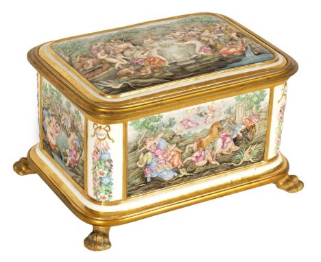 A LARGE 19TH CENTURY ORMOLU MOUNTED CAPODIMONTE PORCELAIN TABLE CASKET of rectangular form, the hinged lid having a classic m