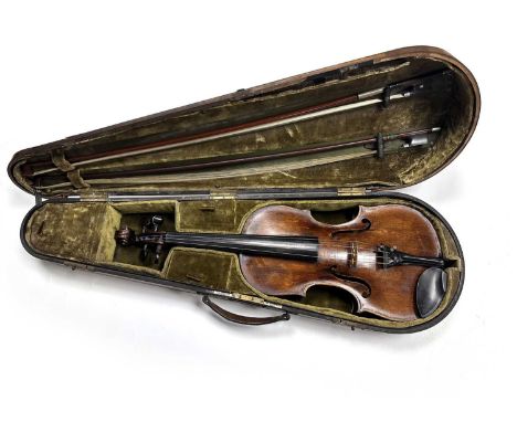 AN 18TH CENTURY FULL-SIZE VIOLIN with a one-piece back together with two bows in a W.E. Hill &amp; Sons case. The silver-moun