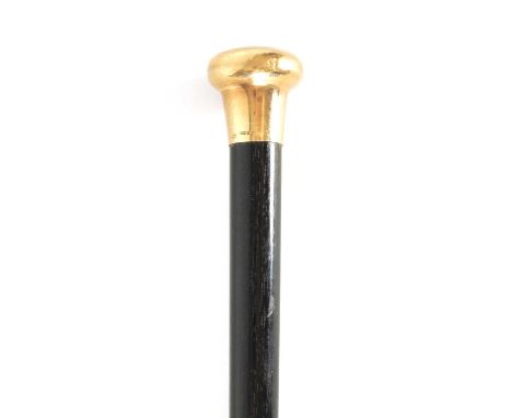 A LATE 19TH CENTURY 9CT GOLD HANDLED WALKING STICK with ebonised tapering shaft - hallmarked .37592.5cm overall