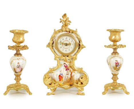 A LATE 19TH CENTURY FRENCH BOUDOIR CLOCK GARNITURE the ormolu mounted floral porcelain case with classical romantic scene to 