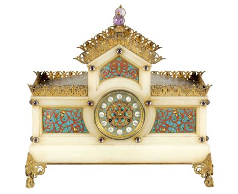 LEFERVRE &amp; FILS, PARIS. AN UNUSUAL 19TH CENTURY FRENCH ONYX AND CHAMPLEVE ENAMEL MANTEL CLOCK the 4.5" dial with enamel c