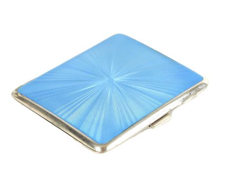 A GEORGE VI SILVER AND GUILLOCHE ENAMEL CIGARETTE CASE with blue sunburst centre pattern to the hinged lid revealing a gilt i