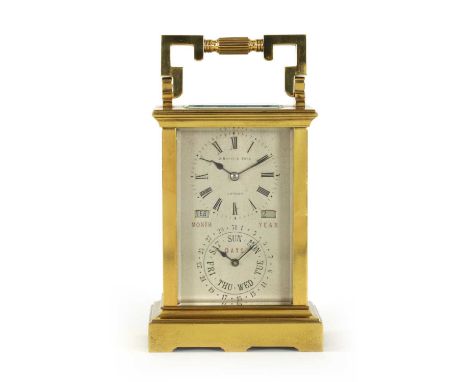 W. BATTY, LONDON. A VERY RARE LATE 19TH CENTURY FRENCH LACQUERED BRASS CARRIAGE CLOCK TIMEPIECE WITH ANNUAL CALENDAR the bras