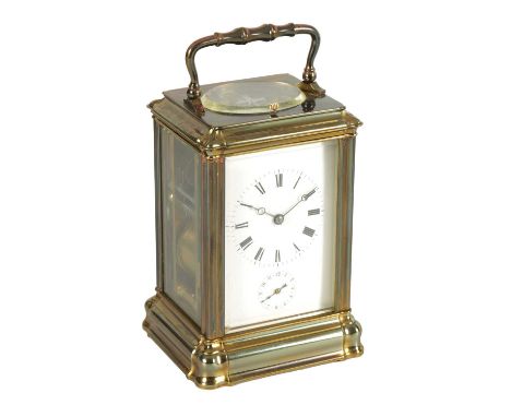 A LATE 19TH CENTURY FRENCH BRASS GORGE CASED GRAND SONNERIE CARRIAGE CLOCK BY ALFRED HOLLINGE the moulded case enclosing an e