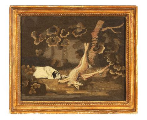 A 19TH CENTURY HUNTING TAPESTRY PICTURE depicting a dog sat with shot gun and dead game - mounted and in glazed gilt frame.51