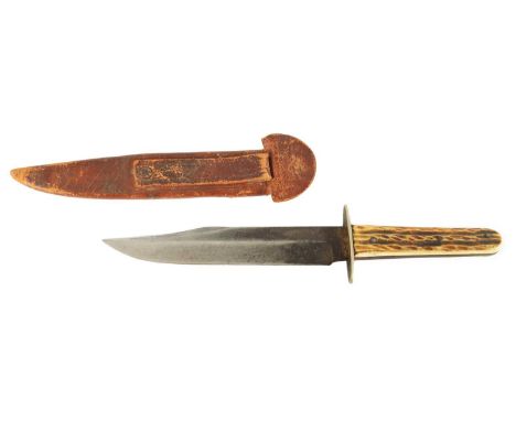 A LATE 19TH CENTURY STAG HORN HANDLED BOWIE KNIFE with nickel guard and single edged steel blade with makers inscription 'SOU