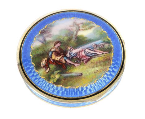 A FINE EARLY 20TH CENTURY FRENCH SILVER AND GUILLOCHE ENAMEL DRESSING TABLE BOX with finely painted romantic scene depiciting