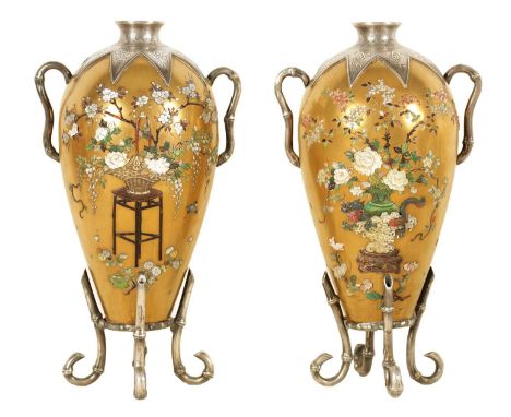 A GOOD PAIR OF LATE 19TH CENTURY JAPANESE MEIJI GILT LACQUER AND SILVER MOUNTED CABINET VASES with engraved star work shoulde