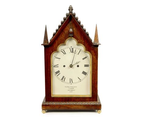 T. COX SAVOY, CORNHILL, LONDON NUMBER 1610. AN EIGHT-DAY ROSEWOOD GOTHIC STYLE DOUBLE FUSEE BRACKET CLOCK with painted dial w