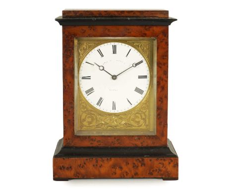 A 19TH CENTURY FRENCH BURR YEW WOOD SMALL MANTEL CLOCK the stepped case enclosing an enamel Roman dial with gilt engraved mas