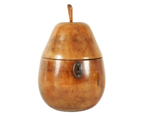 A 19TH CENTURY STYLE FRUITWOOD TEA CADDY modelled as a pear with locking hinged lid and foil lined interior17.5cm high