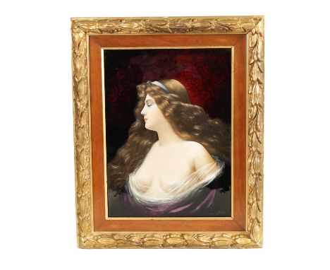 A LARGE ART NOUVEAU LIMOGES ENAMEL PLAQUE SIGNED JULES SARLANDIE A semi-nude portrait of a young lady with purple dress and f