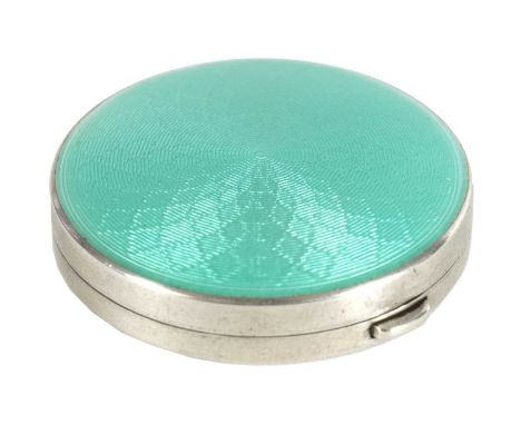 AN EDWARD VII SILVER AND GUILLOCHE ENAMEL CIRCULAR BOX with teal blue spiralling enamel decoration and mirrored interior, by 