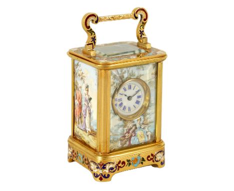 A FINE LATE 19TH CENTURY FRENCH GILT BRASS AND CHAMPLEVE ENAMEL SMALL CARRIAGE CLOCK WITH LIMOGES ENAMEL PANELS The romantic 