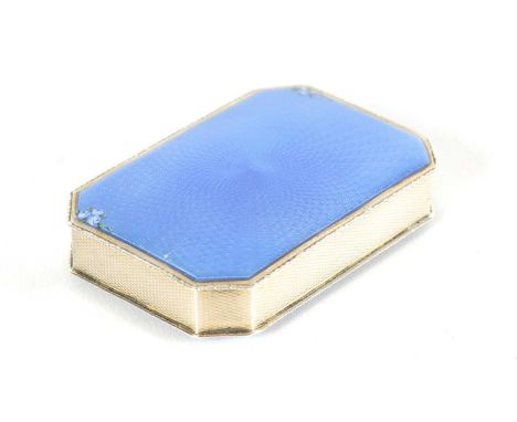 A GEORGE V SILVER AND BLUE GUILLOCHE ENAMEL BOX of canted corner rectangular form, having floral painted accented sprung hing