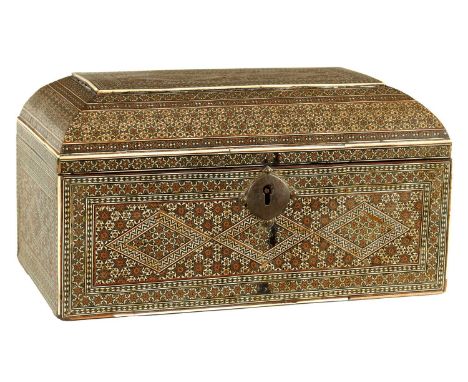 A LATE 17TH CENTURY ANGLO PERSIAN SADELI GOLD AND IVORY INLAID TABLE CASKET with exceptional intricate parquetry and flower h