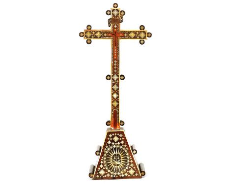 AN 18TH/19TH CENTURY INDO PORTUGUESE MOTHER OF PEARL AND BONE-INLAID CRUCIFIX - on tapered platform base with turned side pie