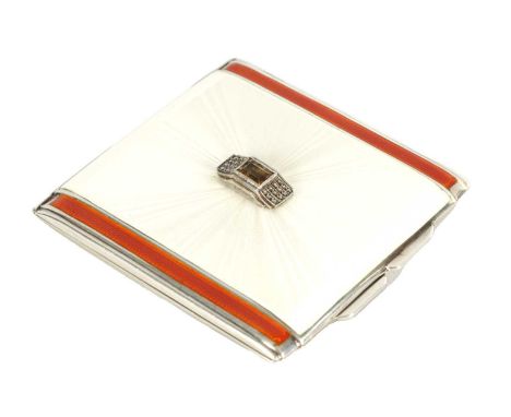 AN ART DECO SILVER AND GUILLOCHE ENAMEL SQUARE POWDER COMPACT with white and orange sunburst pattern enamel lid centred by a 