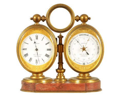 A LATE 19TH CENTURY FRENCH ORMOLU AND ROUGE MARBLE DESK COMPENDIUM CARRIAGE CLOCK having matching oval clock and barometer wi
