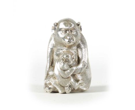 A FINE JAPANESE MEIJI PERIOD SILVER TEA CADDY DEPICTING A SEATED MONKEY WITH INFANTS realistically modelled with lift off lid