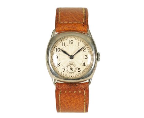 A GENTLEMAN'S VINTAGE UNO CUSHION SHAPED MANUAL WRISTWATCH with engine-turned silvered dial and Arabic numerals on a tan leat