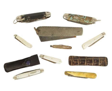 A COLLECTION OF NINE MULTI BLADE PENKNIVES including four mother of pearl examples, one silver knife and a second world war k
