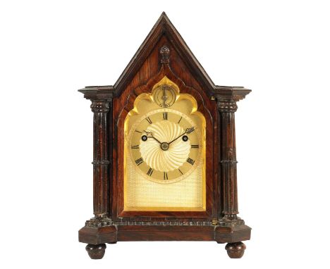 VINER &amp; CO. LONDON. A 19TH CENTURY ROSEWOOD CASED GOTHIC REVIVAL DOUBLE FUSEE MANTEL CLOCK OF SMALL SIZE the engine turne