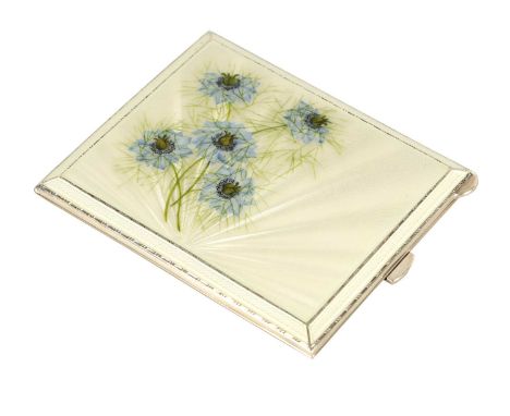 A MID 20TH CENTURY SILVER AND GUILLOCHE ENAMEL CIGARETTE CASE with handpainted floral sprays over a sunburst ground, by HENRY